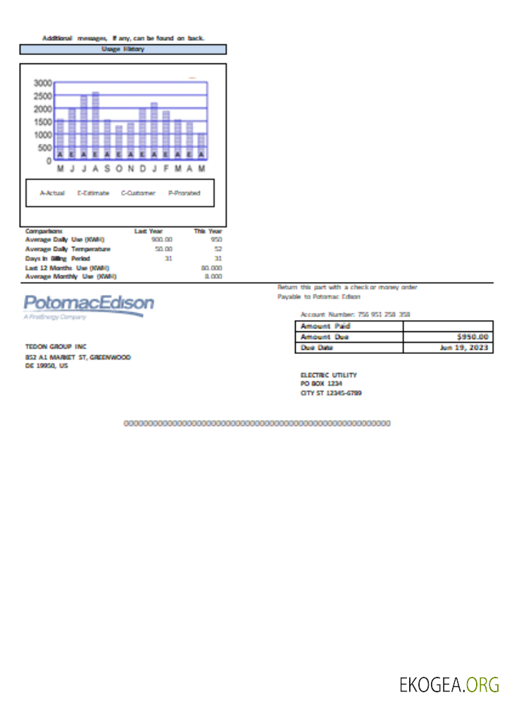Facture commerciale de service public de Potomac Edison, page 2, SCR